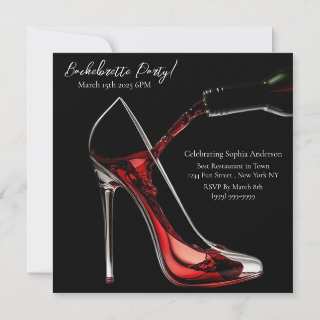 Invitación Bachelorette Party-Stiletto con vino (Anverso)