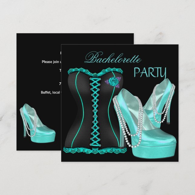 Invitación Bachelorette Party Verde azulado Blue Hi heel Shoe (Anverso / Reverso)