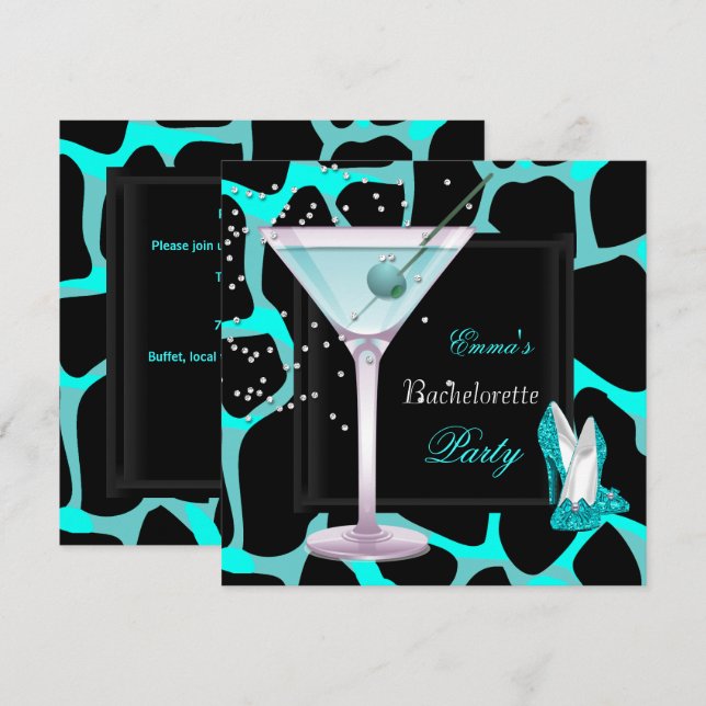 Invitación Bachelorette Party Verde azulado Blue Leopard Shoe (Anverso / Reverso)