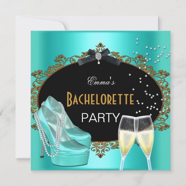 Invitación Bachelorette Party Verde azulado Zapatos negros de (Anverso)