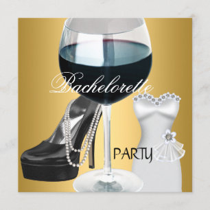 Invitación Bachelorette Party vino vestido blanco negro dorad