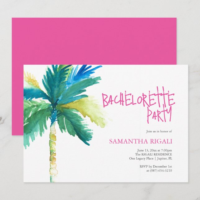 Invitación Bachelorette Party Watercolor Árbol de palmas trop (Anverso / Reverso)