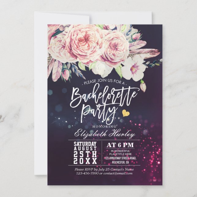 Invitación Bachelorette Party Watercolor Boho Floral Feather (Anverso)