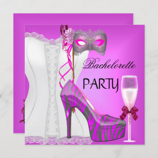 Invitación Bachelorette Party White Corset Zebra Rosa Shoes