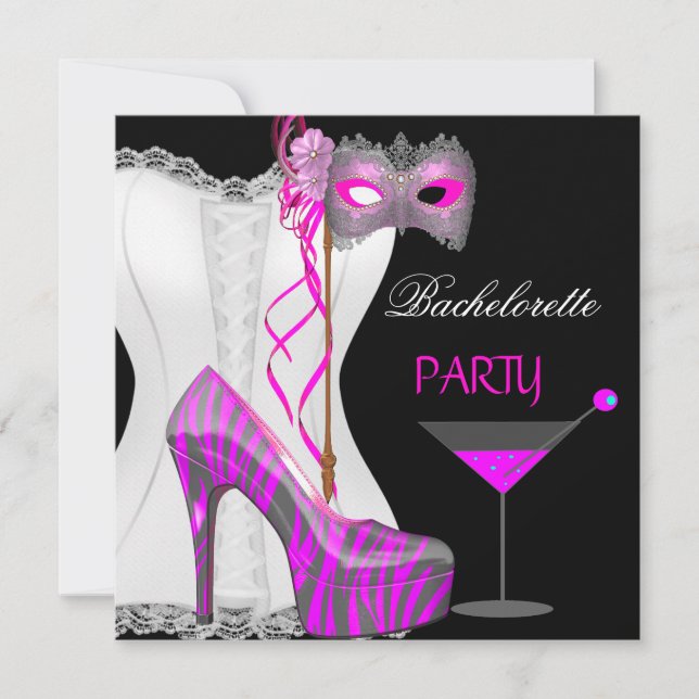 Invitación Bachelorette Party White Corset Zebra Rosa Shoes (Anverso)