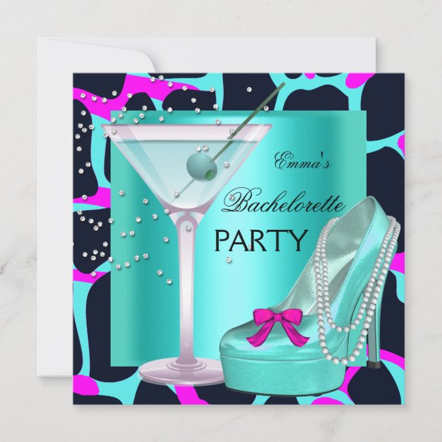 Invitación Bachelorette Party Wild Hot Pink Verde azulada Aqu (Anverso)