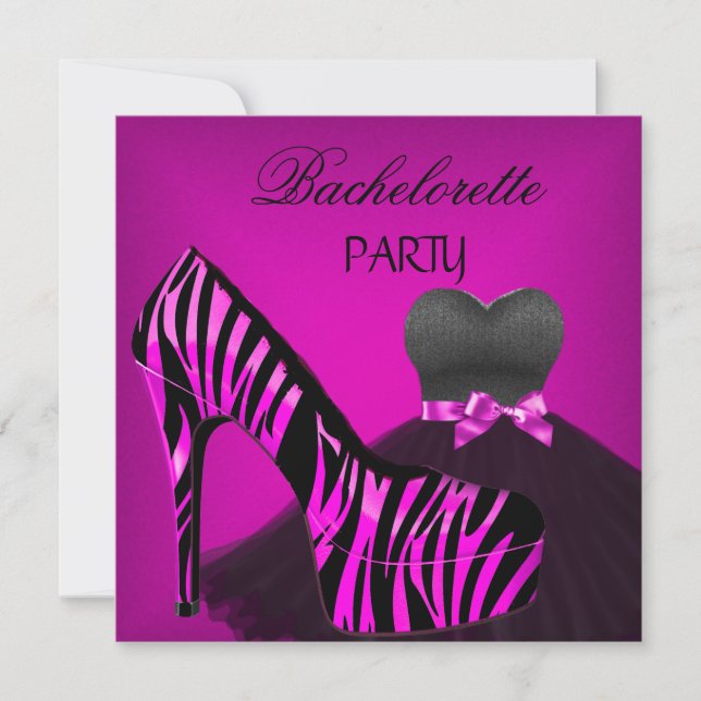 Invitación Bachelorette Party Zebra Vestido Negro Rosa (Anverso)