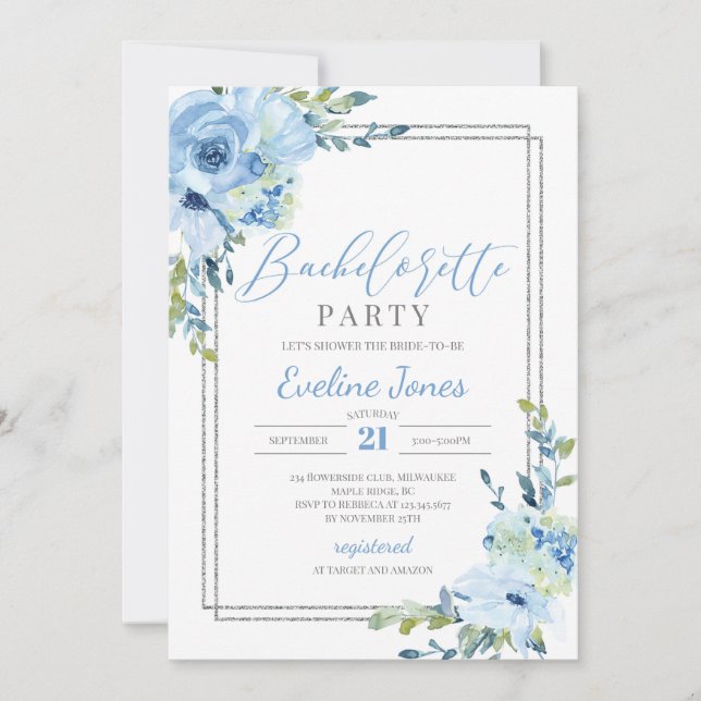 Invitación Bachelorette purpurina de plata floral azul acuare (Anverso)