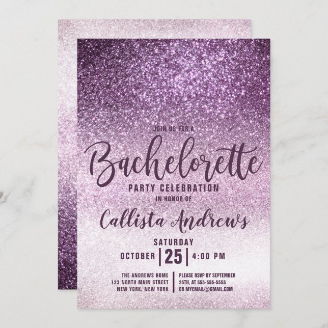 Invitación Bachelorette Purpurina triple morada de uva (Anverso / Reverso)