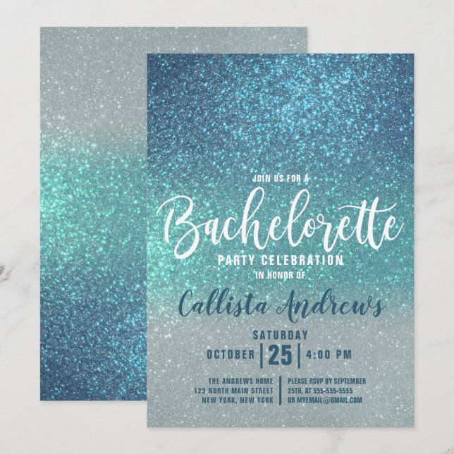 Invitación Bachelorette, Purpurina triple Verde azulada azul  (Anverso / Reverso)