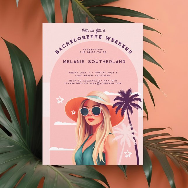 Invitación Bachelorette Retro Beach Weekend Itinerary (Retro Beach Bachelorette Weekend Itinerary Invitation Front)