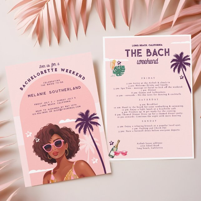 Invitación Bachelorette Retro Beach Weekend Itinerary (Retro Beach Bachelorette Weekend Itinerary Invitation)