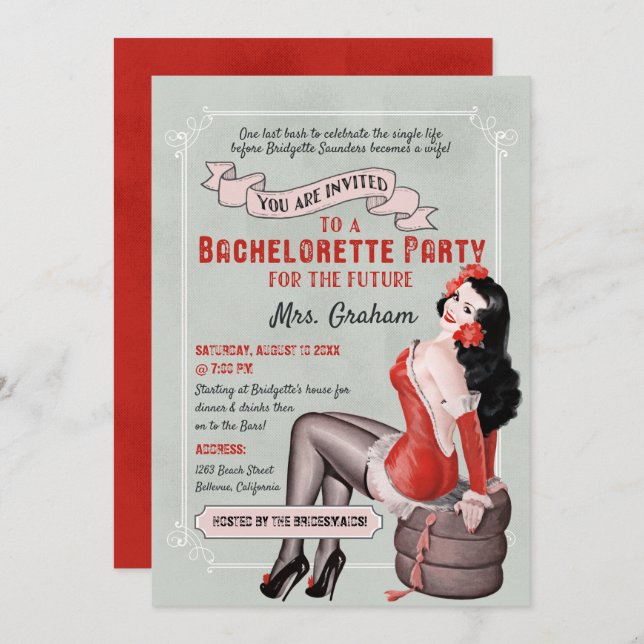 Invitación Bachelorette Retro Pin Arriba Chica Verde azulado  (Anverso / Reverso)