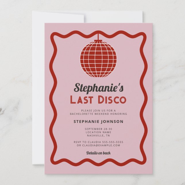 Invitación Bachelorette Retro Wave Rosa y Red Last Disco (Anverso)
