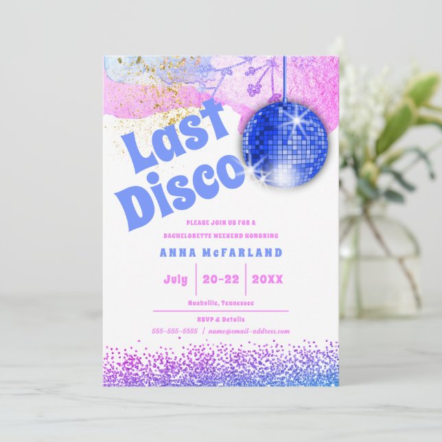Invitación Bachelorette rosa rosa azul de última disco Glam r (Anverso de pie)