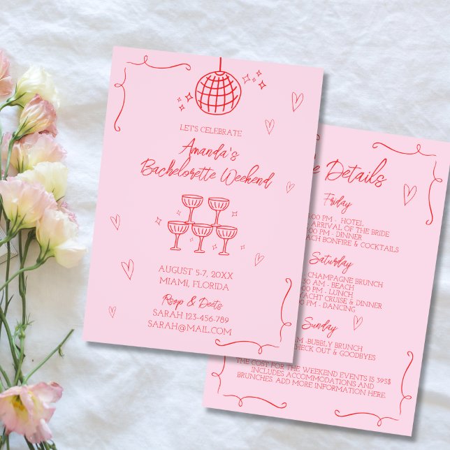 Invitación Bachelorette rosa y roja dibujada a mano (Hand Drawn Illustrated Pink & Red Bachelorette Invitation Bachelorette Weekend Itinerary)