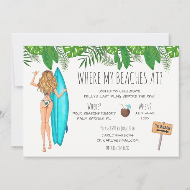 Invitación Bachelorette Surf Beach Fiesta (Anverso)