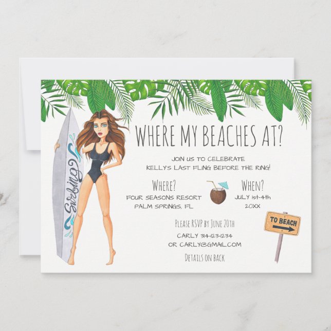 Invitación Bachelorette Surf Beach Fiesta (Anverso)