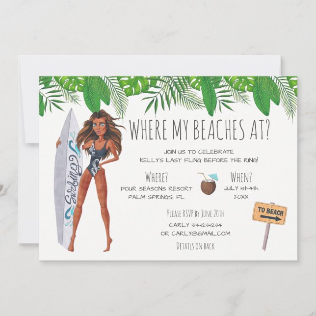 Invitación Bachelorette Surf Beach Fiesta (Anverso)