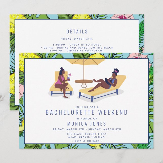 Invitación Bachelorette Tropical Beach Weekend Viaje (Anverso / Reverso)