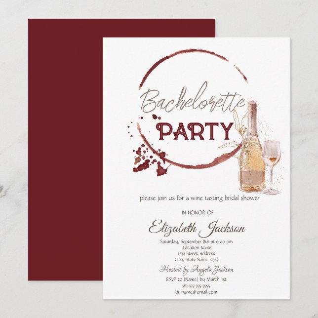 Invitación Bachelorette Watercolor Red Wine Tasting (Anverso / Reverso)