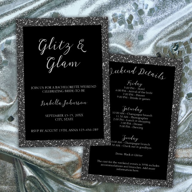 Invitación Bachelorette Weekend de la Purpurina negra Glitz y (Glitz & Glam Black Glitter Bachelorette Weekend Invitation silver)