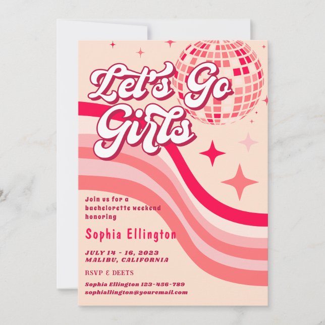 Invitación Bachelorette Weekend de Pink Retro Disco 70 (Anverso)