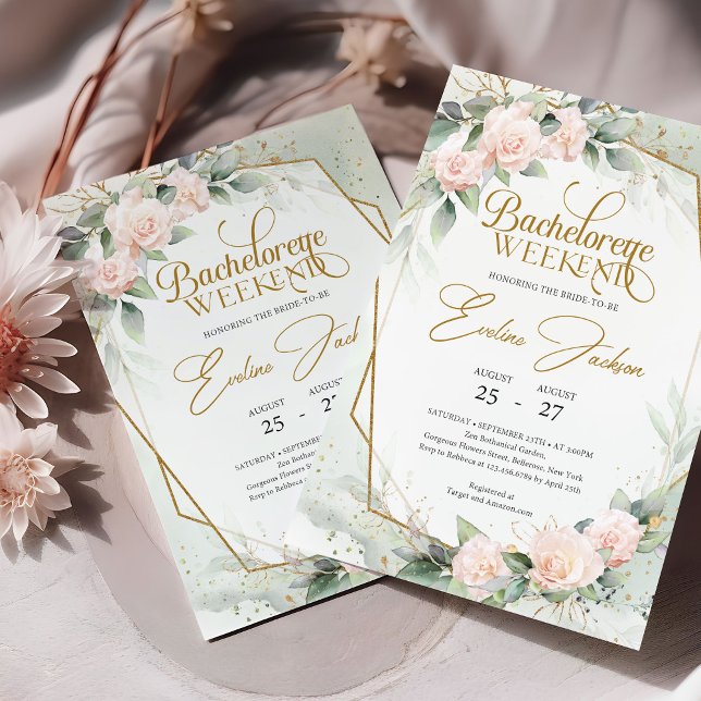 Invitación Bachelorette Weekend de Rubor rosa verde (Elegant blush and gold bachelorette invitation digital download)