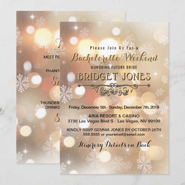 Invitación Bachelorette Weekend Fiesta Itinerary Snowflakes (Anverso / Reverso)