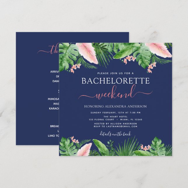 Invitación Bachelorette Weekend Fiesta Palmas Tropicales (Anverso / Reverso)
