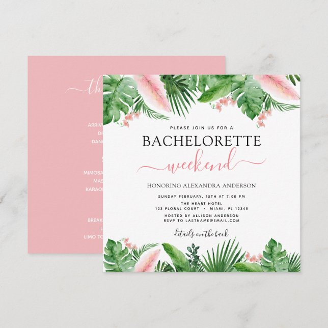 Invitación Bachelorette Weekend Fiesta Palmas Tropicales (Anverso / Reverso)