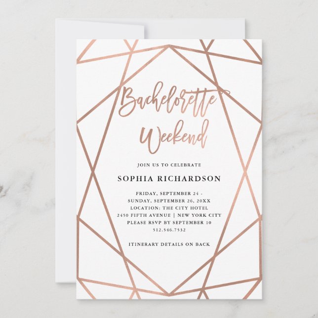 Invitación Bachelorette Weekend | Geométrica de oro Rosa Faux (Anverso)