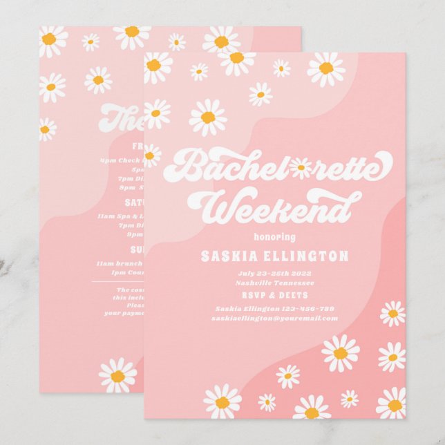 Invitación Bachelorette Weekend Itinerario de Retro 70 (Anverso / Reverso)