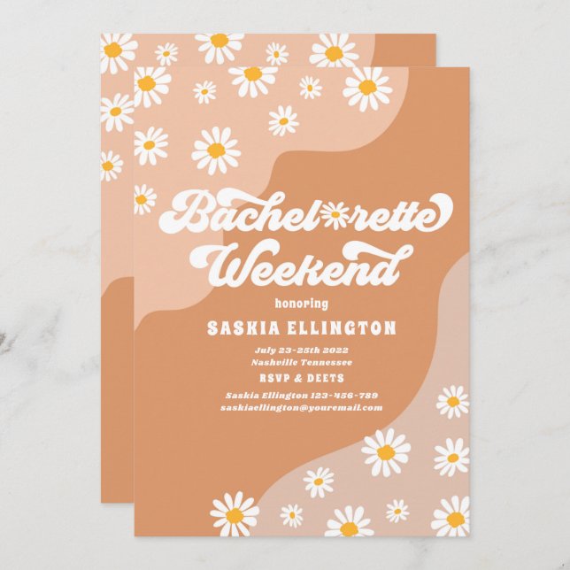 Invitación Bachelorette Weekend Itinerario de Retro 70 (Anverso / Reverso)