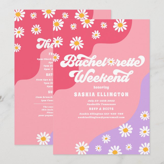 Invitación Bachelorette Weekend Itinerario de Retro 70 (Anverso / Reverso)