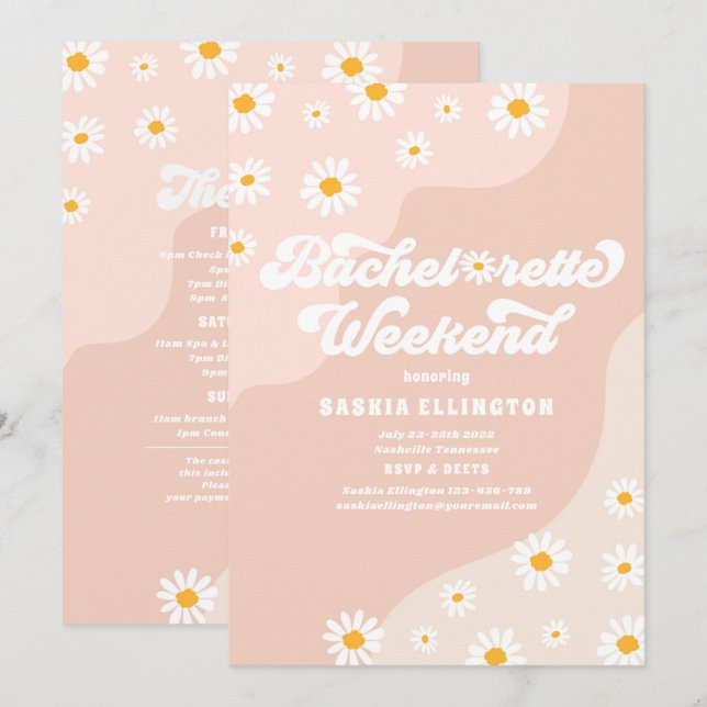 Invitación Bachelorette Weekend Itinerario de Retro 70 (Anverso / Reverso)