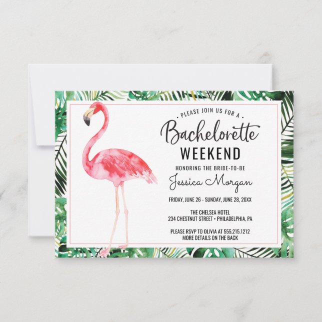 Invitación Bachelorette Weekend Itinerario Flamingo Tropical (Anverso)