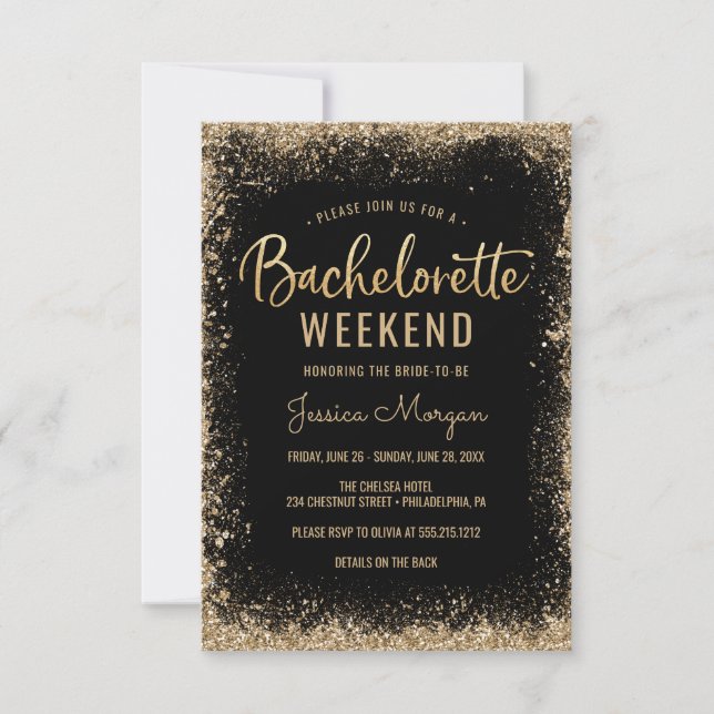 Invitación Bachelorette Weekend Itinerario marco dorado negro (Anverso)