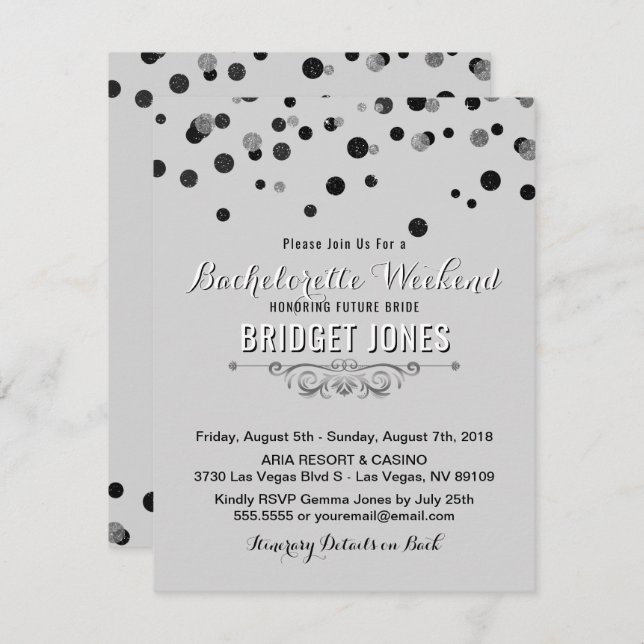 Invitación Bachelorette Weekend Itinerario Negro Gris (Anverso / Reverso)