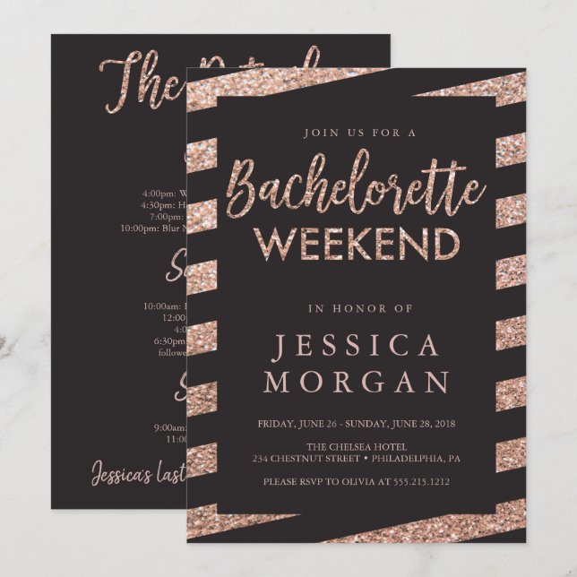 Invitación Bachelorette Weekend Itinerario Purpurinas Stripes (Anverso / Reverso)