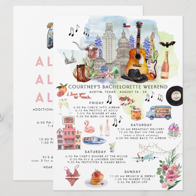 Invitación Bachelorette Weekend Itinerary | Austin, Texas (Anverso / Reverso)