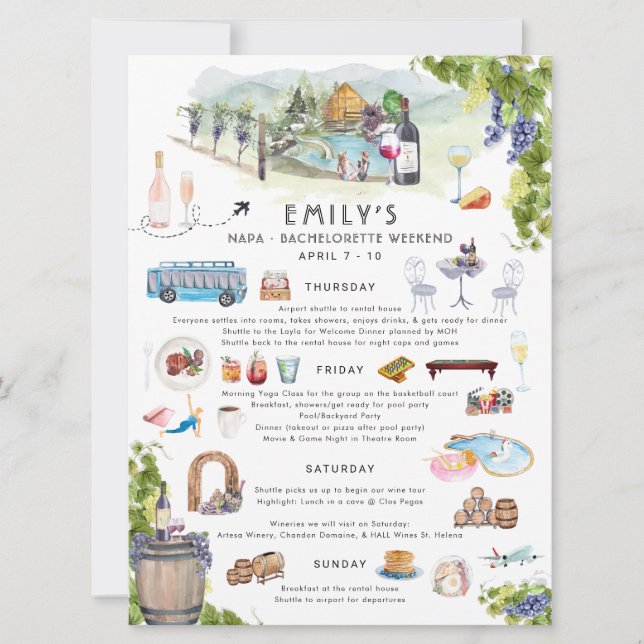 Invitación Bachelorette Weekend Itinerary | Bodega de Napa (Anverso)