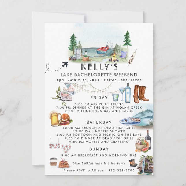 Invitación Bachelorette Weekend Itinerary | Campamento de ver (Anverso)