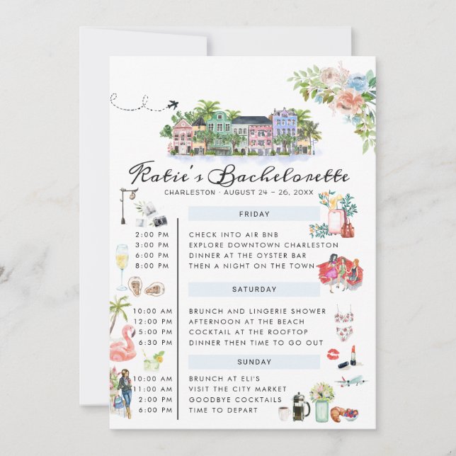 Invitación Bachelorette Weekend Itinerary | Charleston, SC (Anverso)