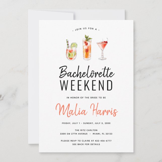 Invitación Bachelorette Weekend Itinerary Cocktail Bebidas (Anverso)