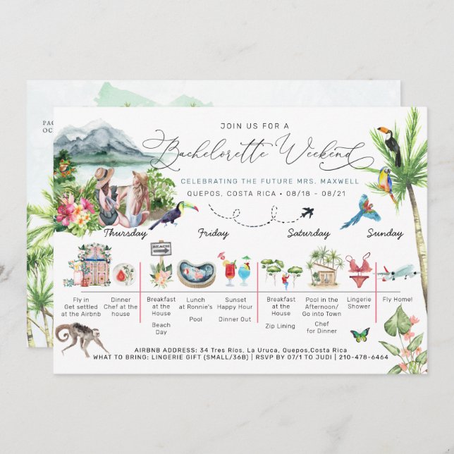 Invitación Bachelorette Weekend Itinerary | Costa Rica (Anverso / Reverso)