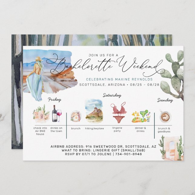 Invitación Bachelorette Weekend Itinerary | Desert Cactus (Anverso / Reverso)
