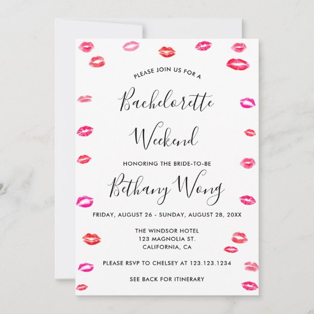 Invitación Bachelorette Weekend Itinerary Kiss Lipstick (Anverso)