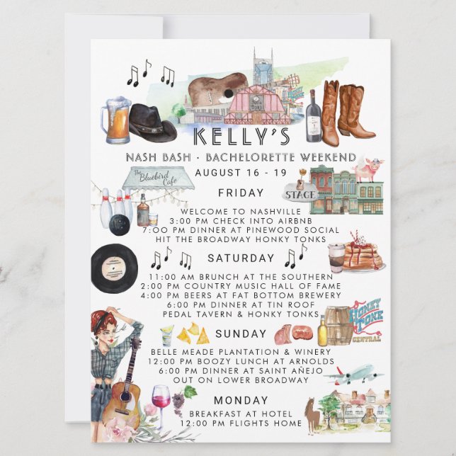 Invitación Bachelorette Weekend Itinerary | Nashville (Anverso)