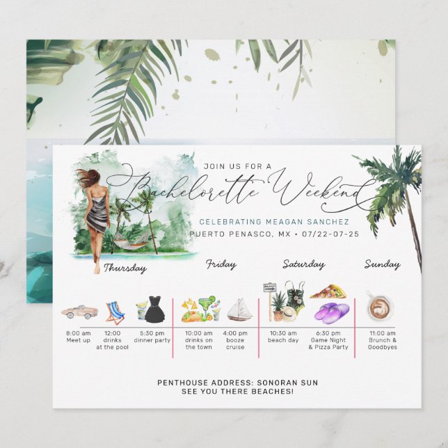 Invitación Bachelorette Weekend Itinerary | Palm tropical (Anverso / Reverso)